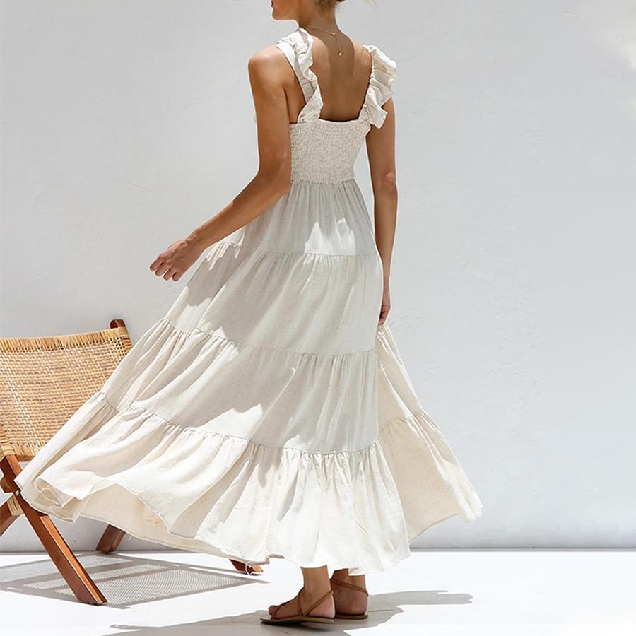 Frühling/Sommer Sexy V-Ausschnitt Baumwolle Leinen Ärmellos Einfarbige Borte Urlaubs Strandkleid