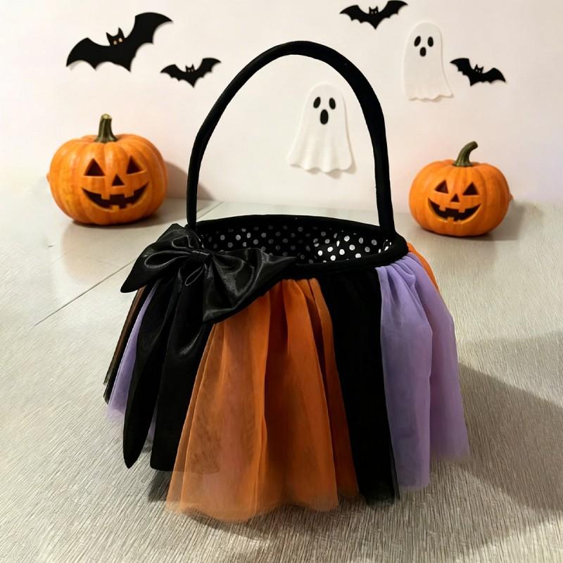 Halloween Basket Decorative Candy Bag With Tulle Bow Plush Horror Prop Party Favors Trick-or-Treat