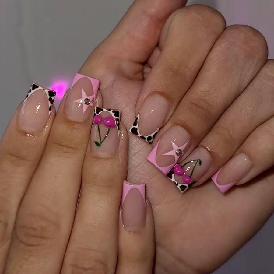 24Pcs Short Square Press On Nails White Rhinestone Flower French Tip Full Cover Reusable Fake Nail Tips