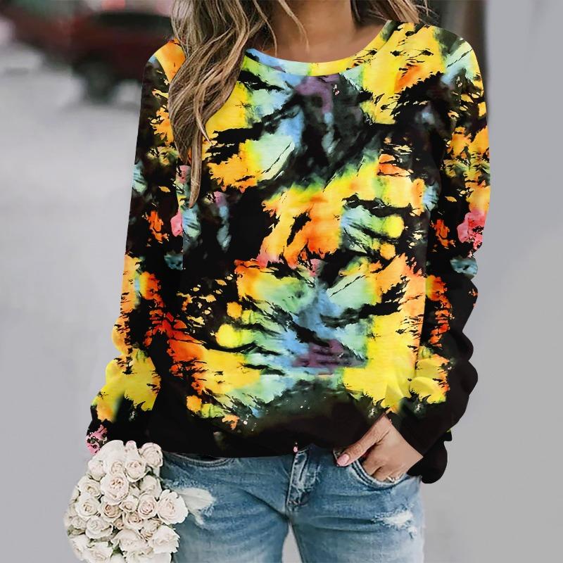 Fashionable round neck long sleeved printed elegant casual loose T-shirt