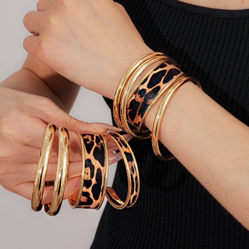 Gold Tone Geometric Leopard Print Layered Open Cuff Bracelet Minimalist Vintage Style Womens Fashion Jewelry