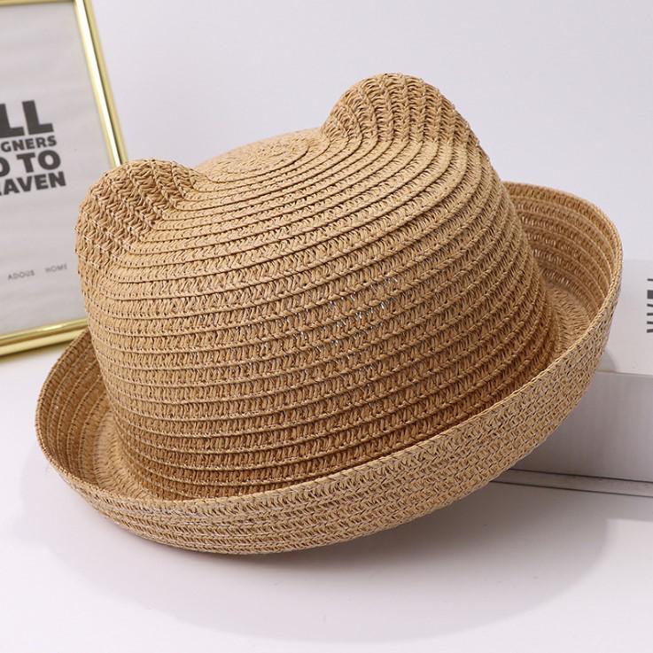 Kids' Korean Style Summer Straw Sun Hat with Cat Ears - Breathable Parent-Child Vacation Design