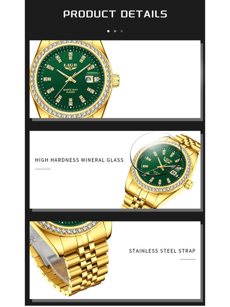 LIGE Men's Elegant Quartz Watch with Large Diamond-Inlaid Dial