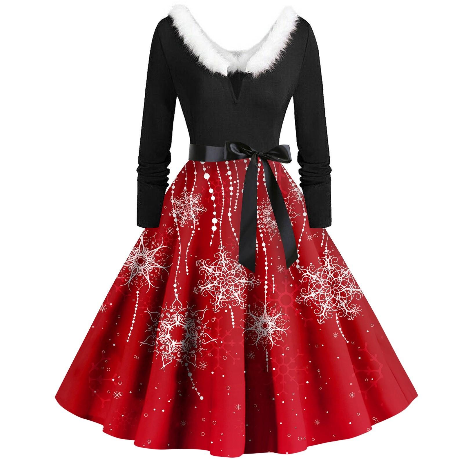 

Женское винтажное платье с длинным рукавом и рождественским принтом в стиле 1950-х годов для вечеринки, выпускного вечера, для домохозяйки XL винный