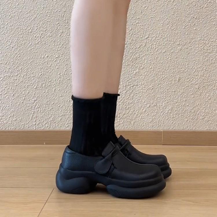 Soft Leather Version~ British Thick-soled Heightening Casual Round Head Velcro Loafers Women's Retro Black Small Leather Shoes Single Shoes