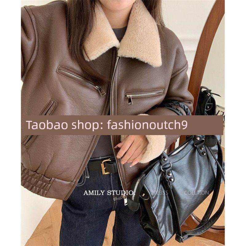 

2023 Куртка-косуха из кожи ягненка и овечьей шерсти, короткое пальто Brown M