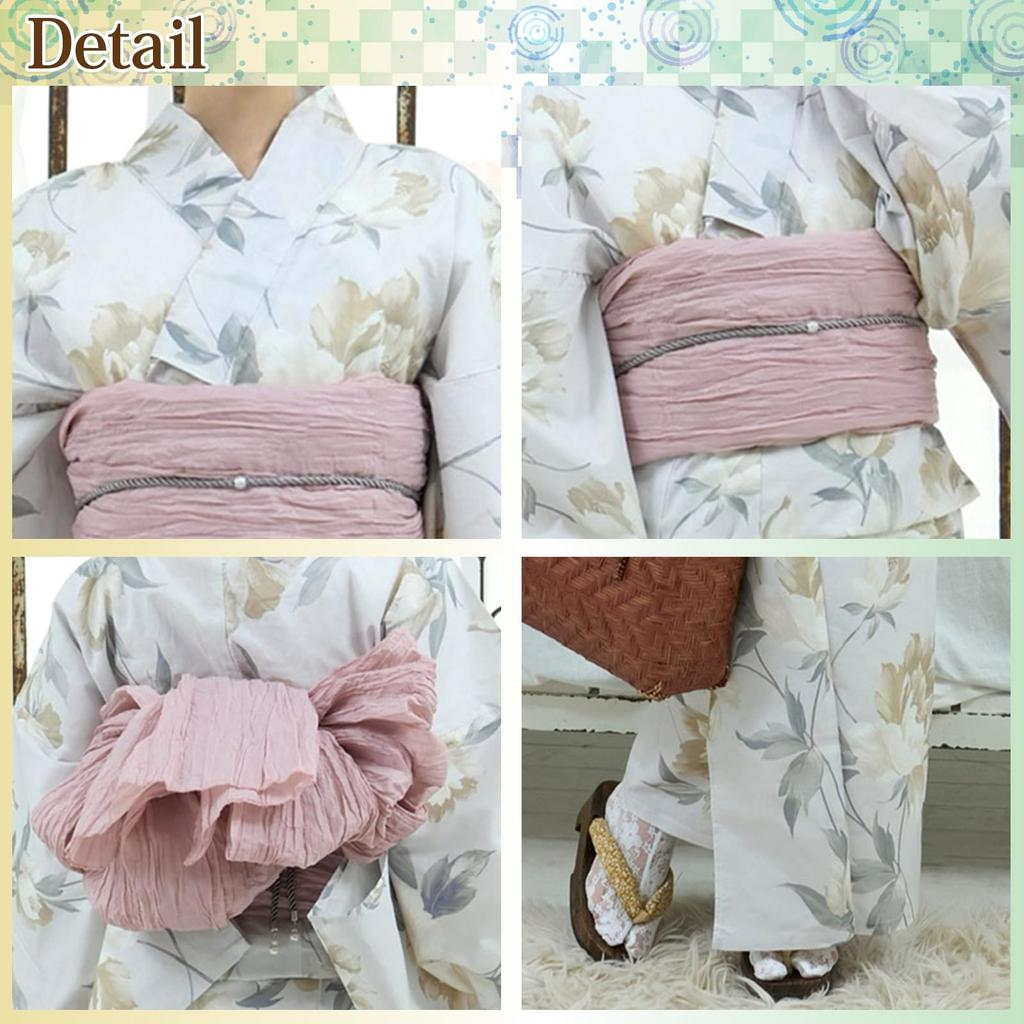 RAVIR Yukata Light Classic Peony with Fluffy Obi Belt and Geta One Size Fits All Women's 3-Piece Set, Gray, Pattern, Sandals, Yellow,