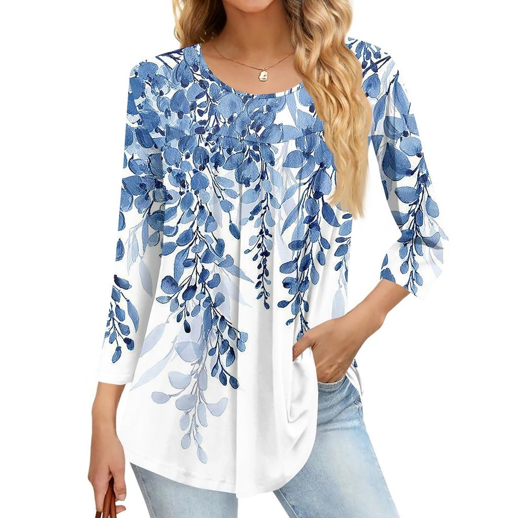 Women's Fashion Casual Three-quarter Sleeve Printed Round Neck Top