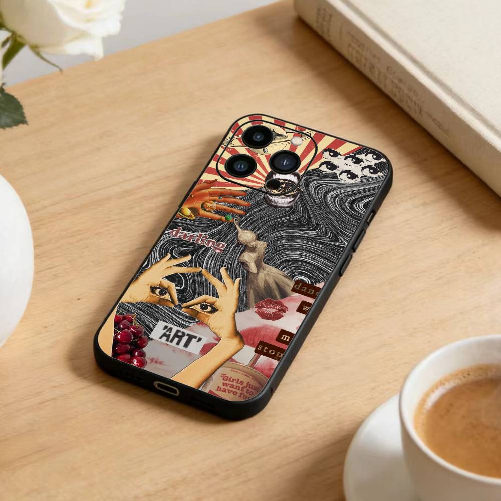Dark Ornate Collage Art  Phone Case For iPhone 17 16 15 14 13 12 Max Plus Silicone Black Cover