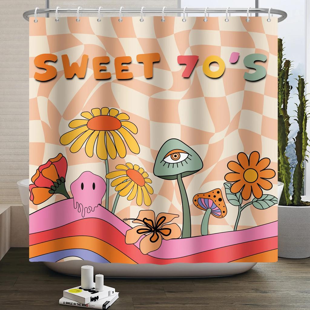 70s Retro Rainbow Shower Curtain Hippy Funky Cartoon Mushroom Floral Bathroom Curtain Polyester Waterproof Fabric Bathtub Screen