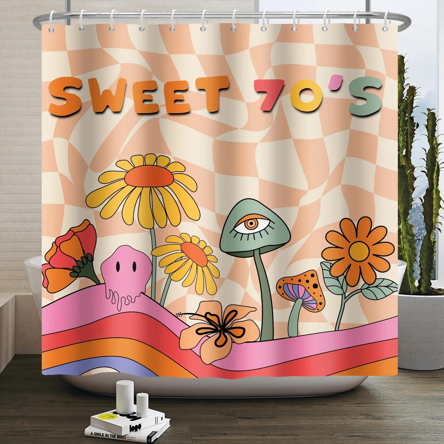 

70s Retro Rainbow Shower Curtain Hippy Funky Cartoon Mushroom Floral Bathroom Curtain Polyester Waterproof Fabric Bathtub Screen 120x180cm-47x70in