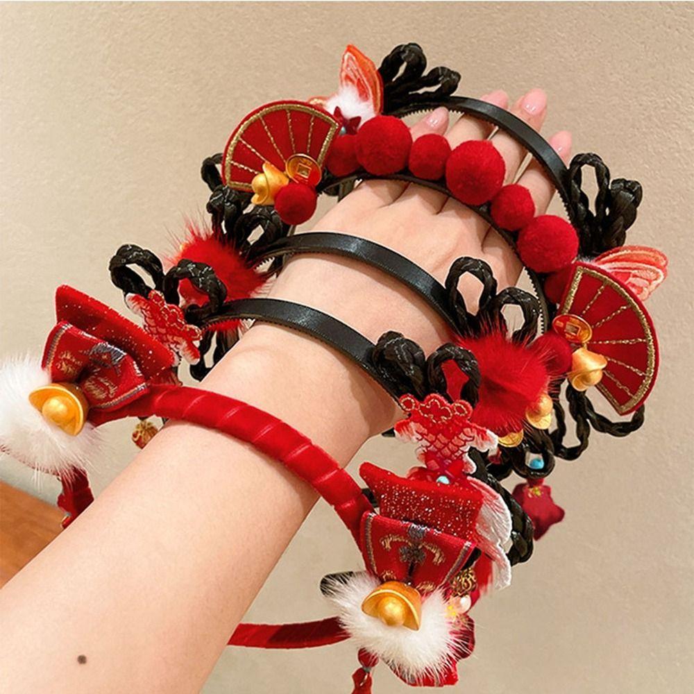 Tassel Chinese New Year Headwear Braid Hair Hanfu Hair Sticks Lovely Red Bow Hairband  Baby