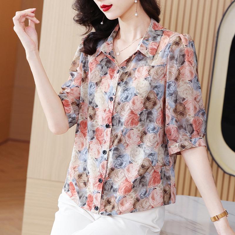 Stylish Floral Print Mid-Sleeve Chiffon Blouse for Women – Summer New Arrival, Age-Reducing, Loose Fit