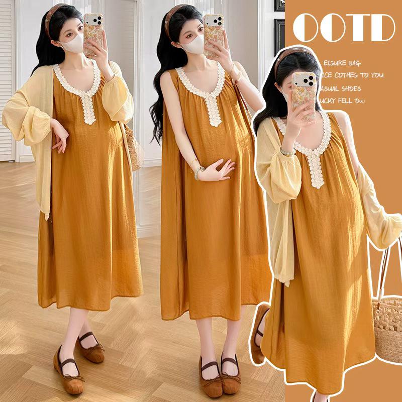 2026 Summer Maternity Two-Piece: Sun Protection Shirt + Sweet V-Neck Loose Dress XL