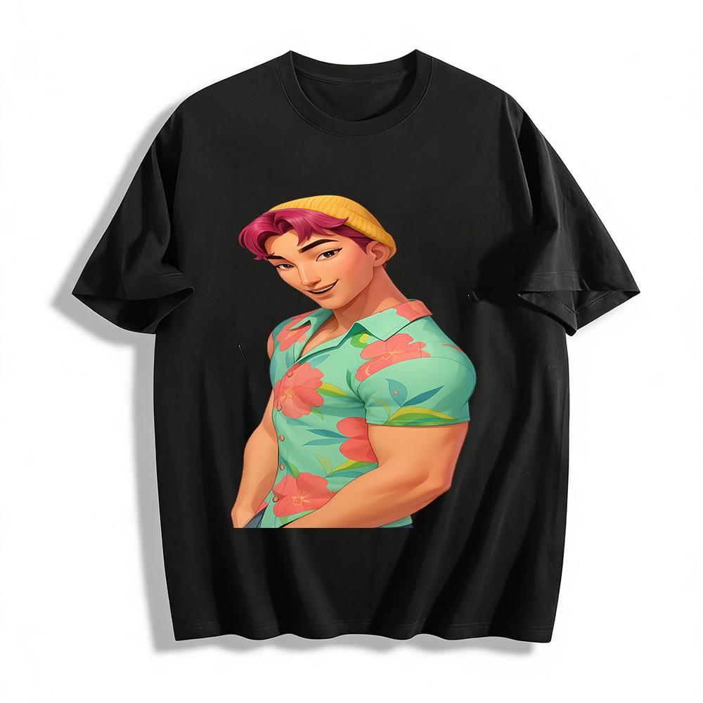 

Summer Vacation Style Pink Handsome Guy Print Short Sleeve T-Shirt Casual Loose Trendy Top Pure cotton T-shirt XXS