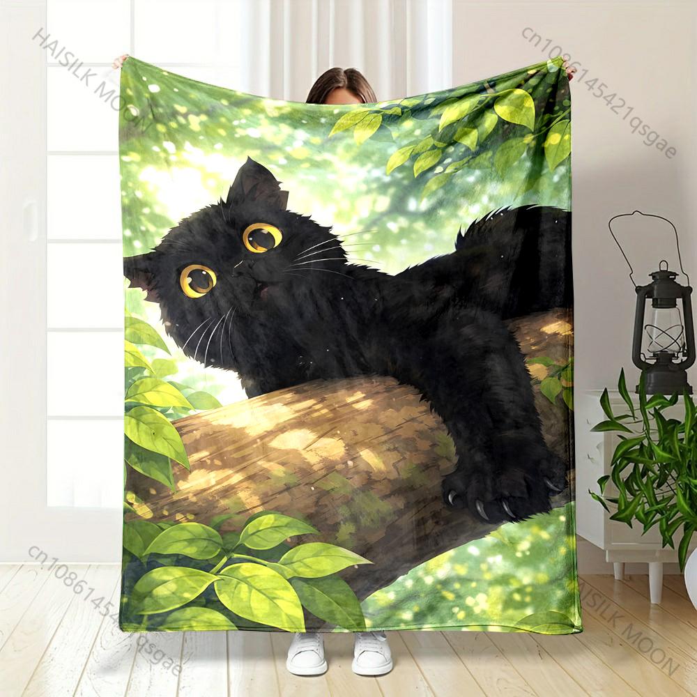 

1PC Black cat on tree branch Print Adult Children Warm Blankets Home Travel Car Soft and Comfortable Suitable for all seasons 75x90cm