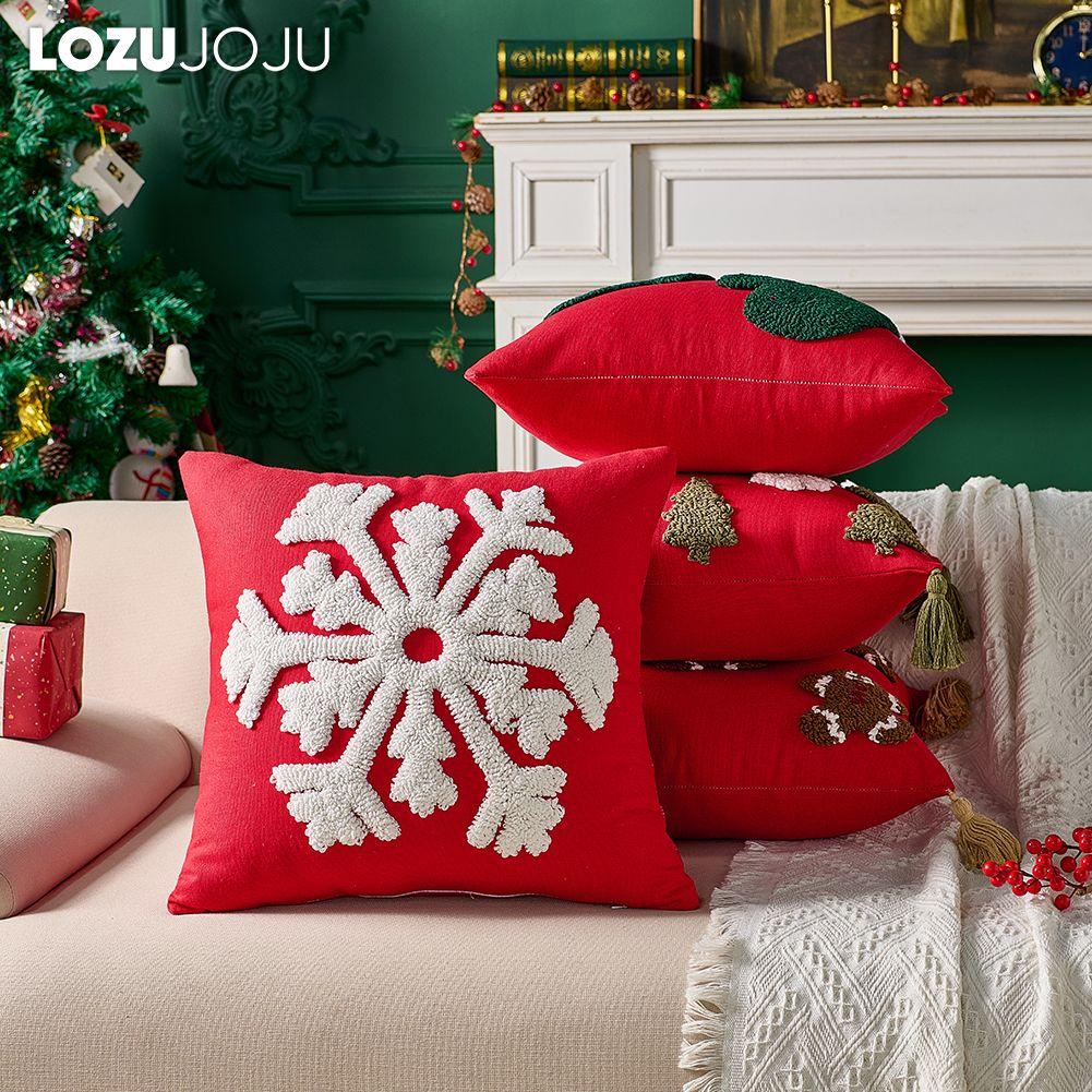 1PC LOZUJOJU Fashionable and Versatile Christmas Style Red Pillowcase Plush Embroidery Soft Cushion Cover for Sofa Living Room Bedroom Home Decor