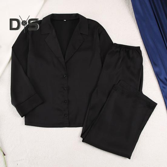2 Pcs/Set Women Shirt Pants Set Homewear Suit Loose Lapel Long Sleeve Loose Solid Color Single-breasted Wide Leg Straight Soft Lady Spring Fall