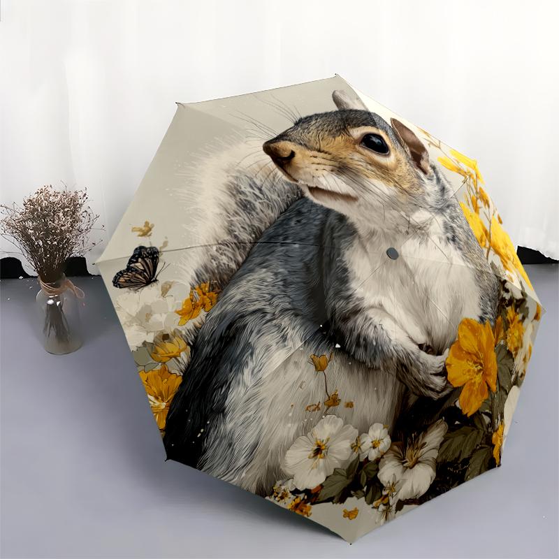 Cute Squirrel pattern, automatic folding umbrella, portable and foldable design, 8 ribs, a Christmas or birthday gift.