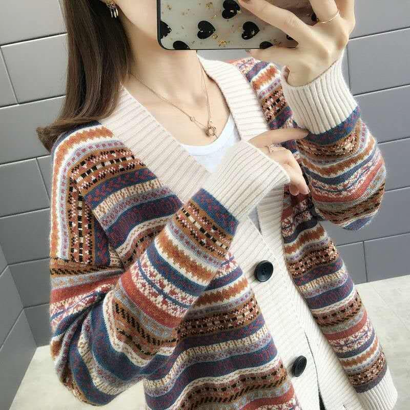 Plus-size Jacket Female Spring and Fall Striped Versatile Casual Knitted Cardigan Comfortable Elastic Loose Jacket