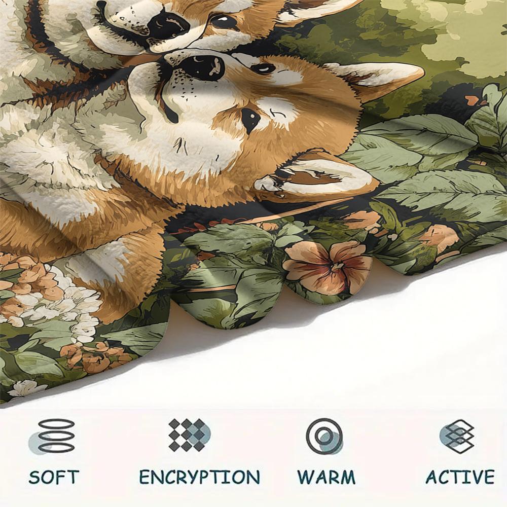 Shiba Inu and Leaves Pattern Flannel Blanket, High Quality Comfortable for All Seasons, Home Decor, Warmth and Comfort, Perfect for Gifts.