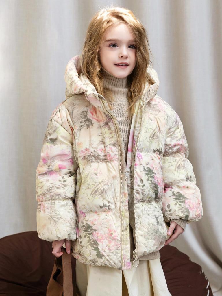 Floral Girls' Down Jacket 2025: Winter Outerwear for Medium & Large Kids, 90% Down