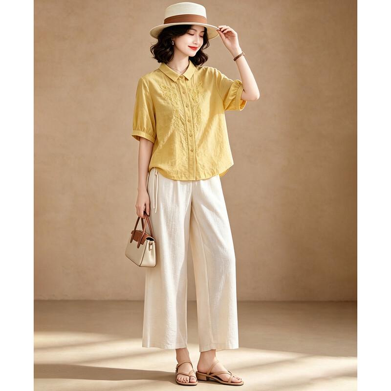 EST+II Gentle Embroidered Lapel Top & Wide-Leg Cropped Pants Set