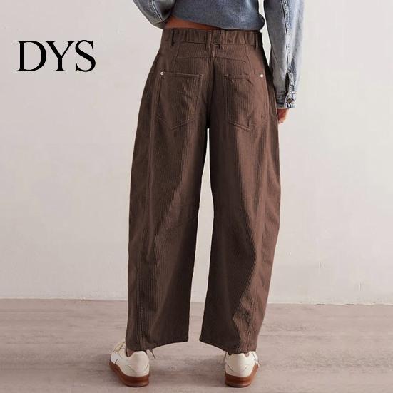 Pantaloni a coste a vita media a gamba larga da donna Vita elasticizzata Chiusura con bottone e zip Gamba larga Pantaloni casual con tasche Colore unito Pantaloni a barile