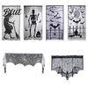 Halloween Tablecloth Door Curtain Lace Spider Web Fireplace Cover Scary Skeleton Witch Mysterious Fabric Bat Print Window Drapes for Home