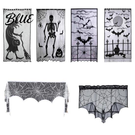 Halloween Tablecloth Door Curtain Lace Spider Web Fireplace Cover Scary Skeleton Witch Mysterious Fabric Bat Print Window Drapes for Home