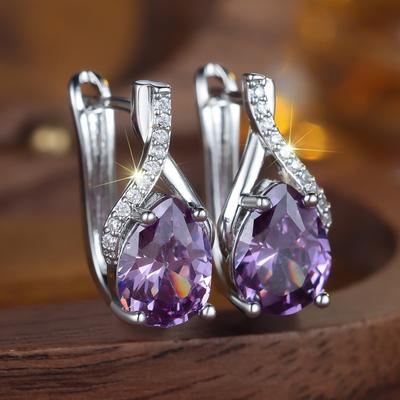 Elegant Water Drop Purple Zircon Drop Earrings for Women Silver Color Wedding Party Jewelry Gift