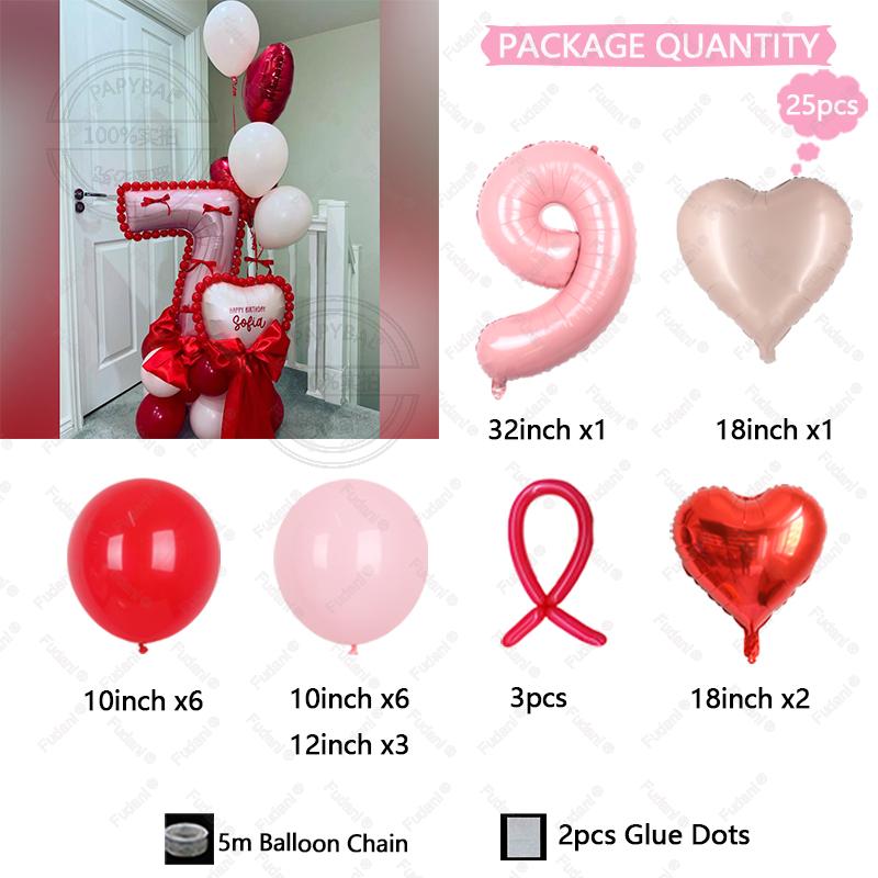 25pcs Pink Number 1-9 Birthday Balloon Set Heart-shaped Foil Balloon Festival Party Decoration Photography Supplies other