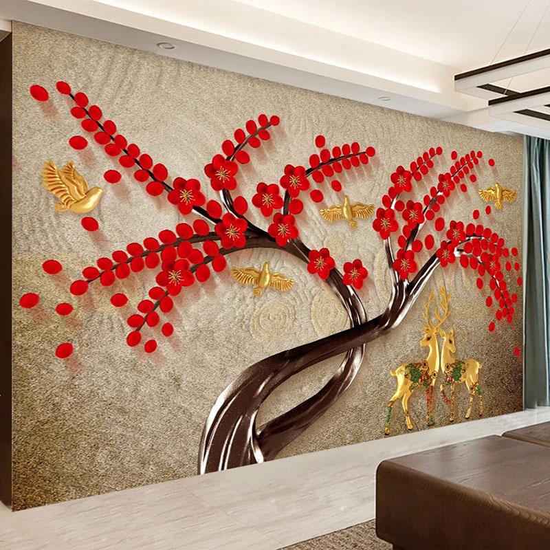 Mural European Style Retro 3d Elk Red Flower Bird Tree Wallpaper For Living Room Sofa Tv Background Wall Mural
