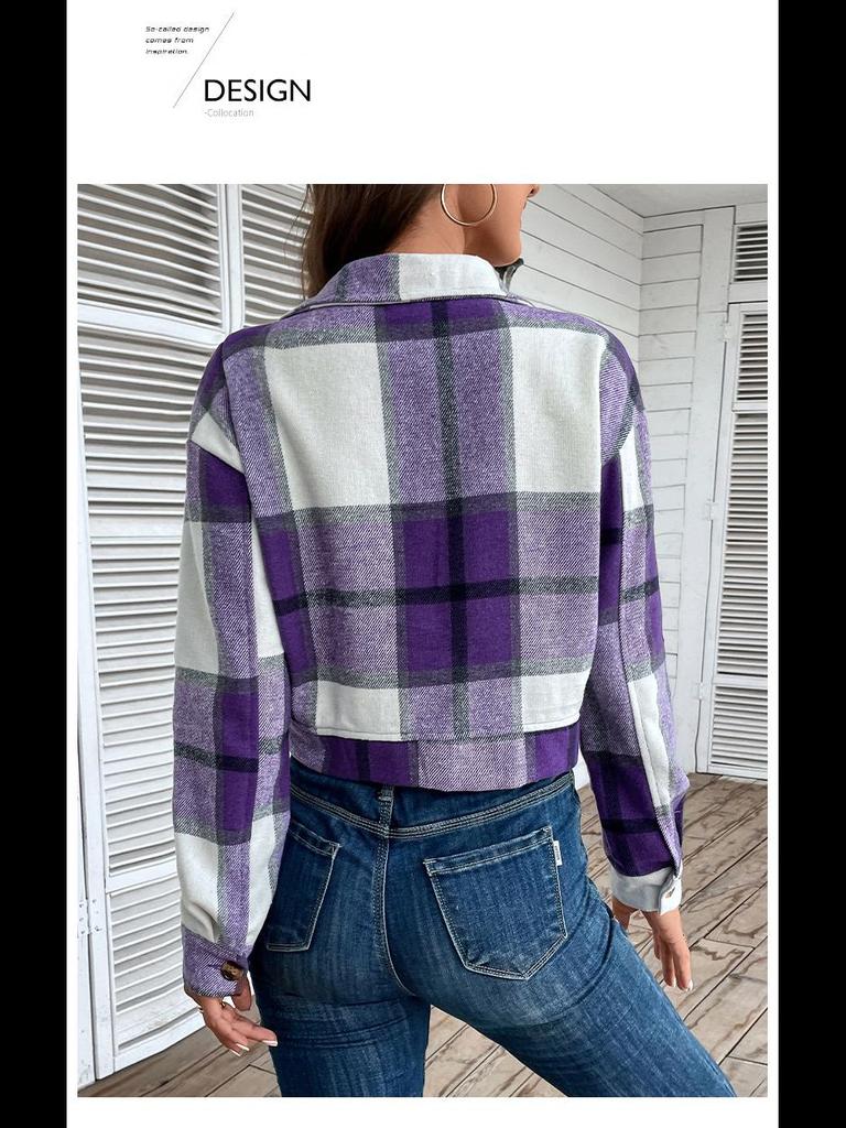 Jesienno-zimowa kurtka kardigan w kratę - Długi rękaw, styl europejski i amerykański