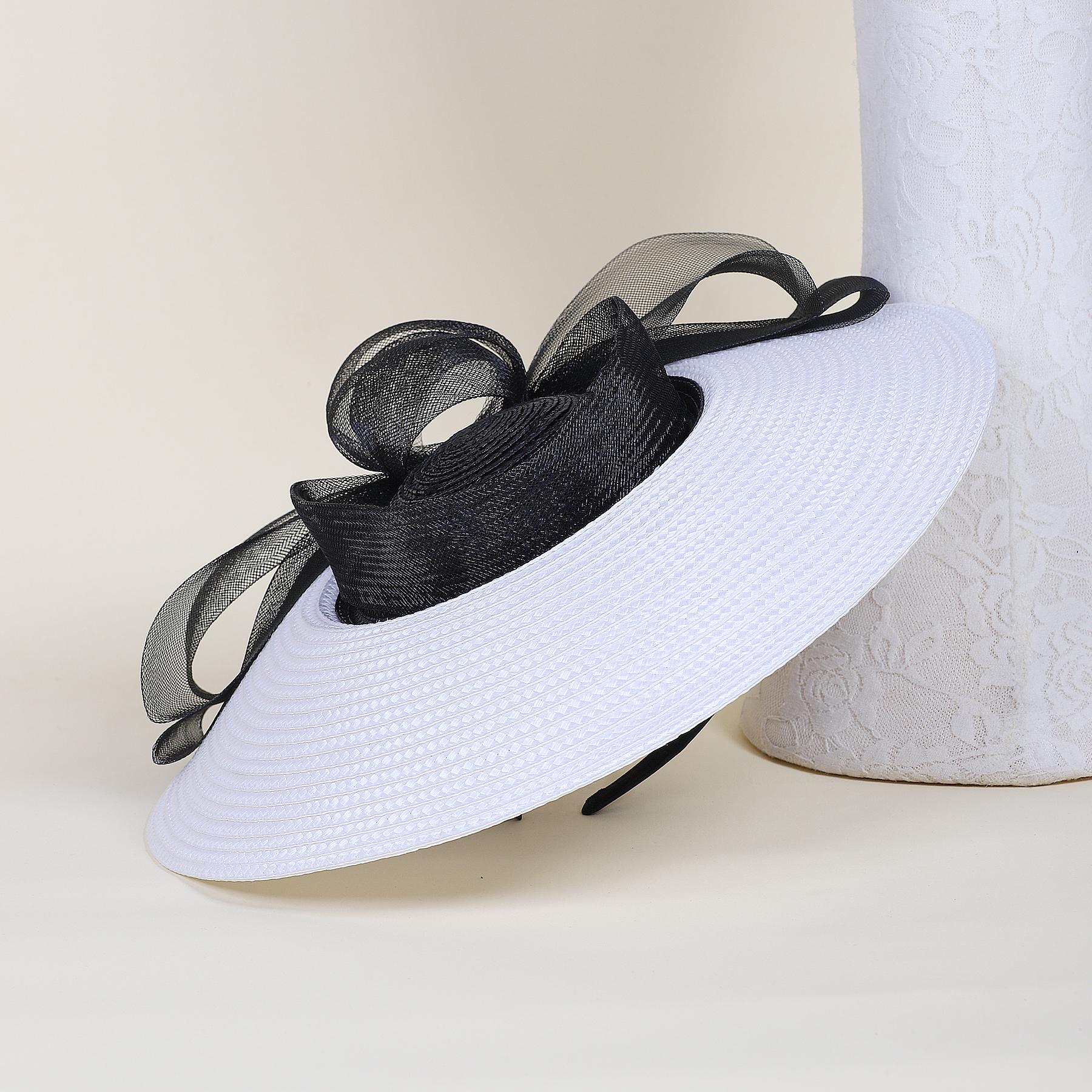 

Шляпки-фасинаторы для женщин, шляпки для церкви, головные уборы для чаепития, фасинатор с широкими полями на клипсе и ободке чёрный/белый