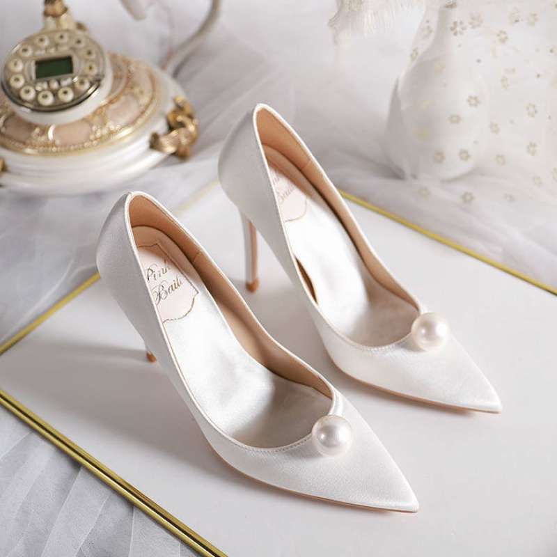 2025 New Pointed White Pearl High Heels 7cm Stiletto Green Single Shoes Women's Red Bridal Wedding Shoes
