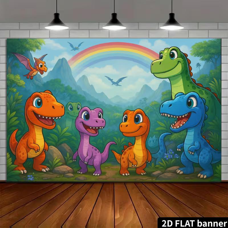 2D Zeichentrick-Dinosaurier Kulisse - Buntes Jurassic Fotografie Hintergrund Banner für Kindergeburtstag Dekoration