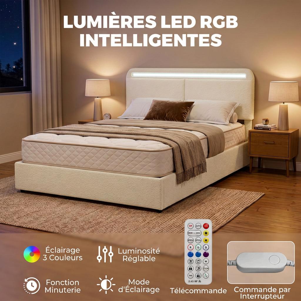 Lit Box 160 x 200 cm, RGB LED, Adjustable Head, Double Upholstered Velvet Bed Frame, Hydraulic Storage, Cream