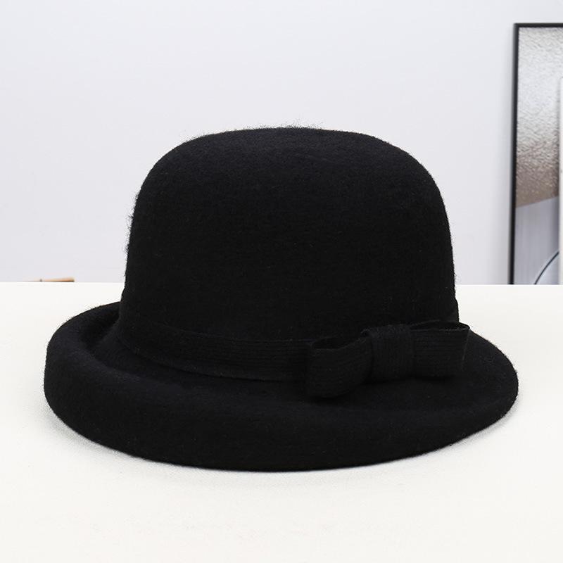 Fashion new French retro cashmere blended basin hat high-end temperament bow elegant small fresh top hat