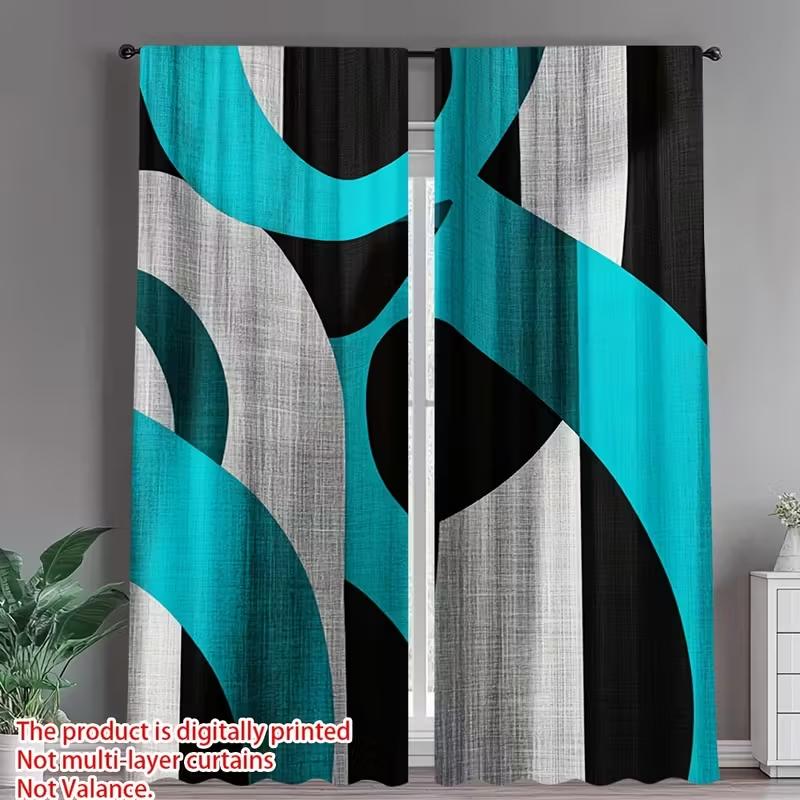 2pcs Modern Geometric Teal Black Pattern Curtains, Designed for Light Blocking, Premium Material, Suitable for Living Room, Bedr