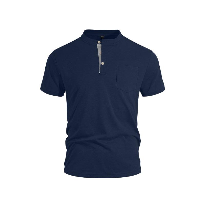 

Men Solid Color Henry Short Sleeve T Shirt With Pocket S темно-синий