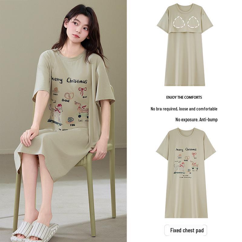 Antibacterial Xinjiang Cotton Nightgown: Women's A-grade Pure Cotton, Chest Pads, Summer Plus Size, Cute Homewear Dress