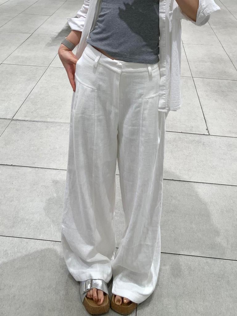 Women's High-Waisted White Linen Wide-Leg Pants - Spring 2026 Old Money Style, Comfortable Straight Cotton Linen Suit Casual Wear