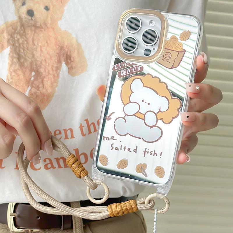 Zhitai Summer Mirror Case for iPhone 13/14/15 Pro, Cartoon Design with Lanyard