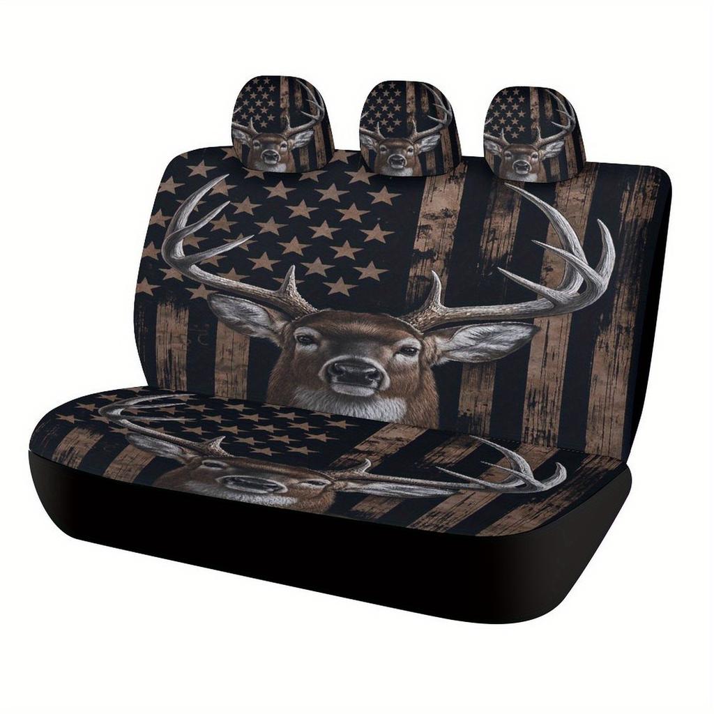 Deer With USA Flag Designed Car Seat Cover Set For Most Cars, High-quality Comfortable Car Seat Protector Covers Full Set, Unive