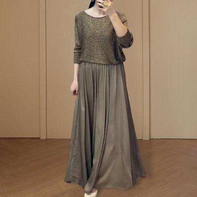Yousheng Women's Two Piece Skirt Set Shining Round Neck Long Sleeve Top And High Waist A-Line Maxi Skirt Set Casual Sparkly Outfit