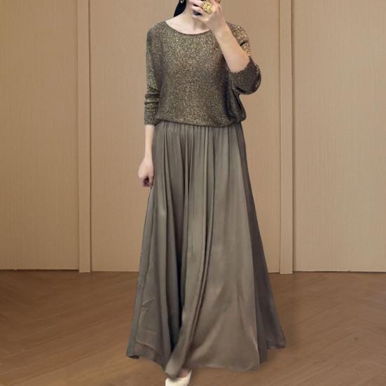 Women's Two Piece Skirt Set Shining Round Neck Long Sleeve Top