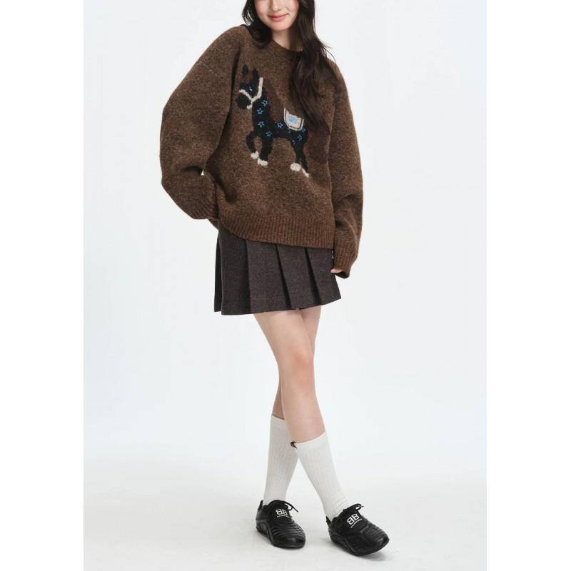 Womens Vintage Fair Isle Knit Sweater Casual Crewneck Pullover Loose Fit Long Sleeve Basic Style