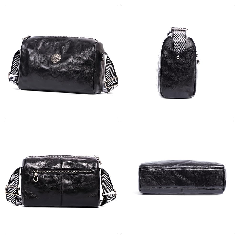 Whatna Antique-Style Tanned Natural Cowhide Leather One-Shoulder Bag for Men, Crossbody Chest Bag, Clutch, Shoulder Bag, Holds iPad 9.7" (Black),