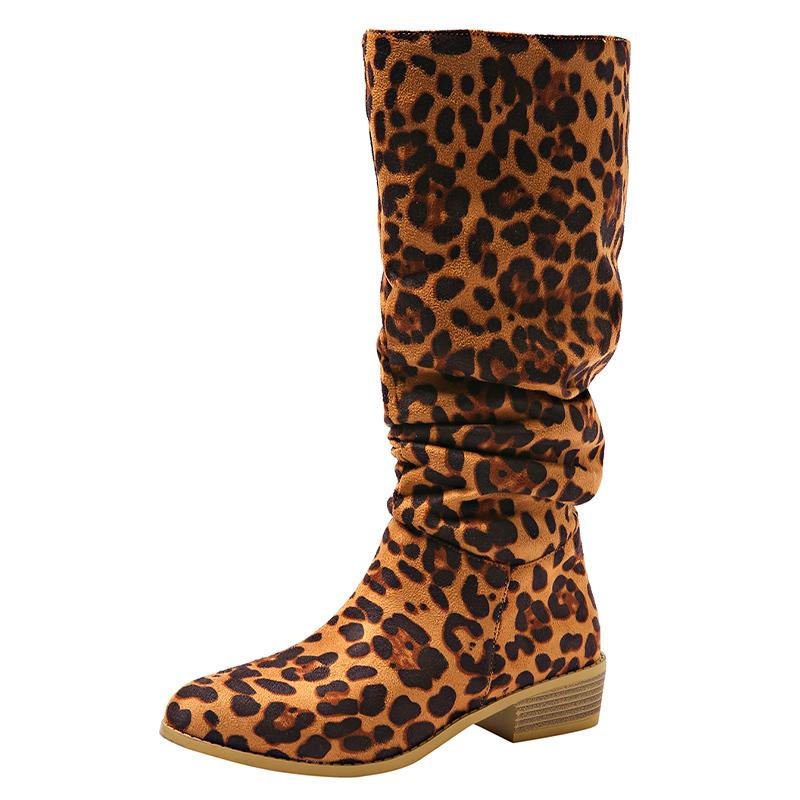 Leopard Women High Boots Pointed Toe Knee High Fashion Shoes Suede Chunky Winter Chelsea Boots 2024 Trend Designer Botas Mujer